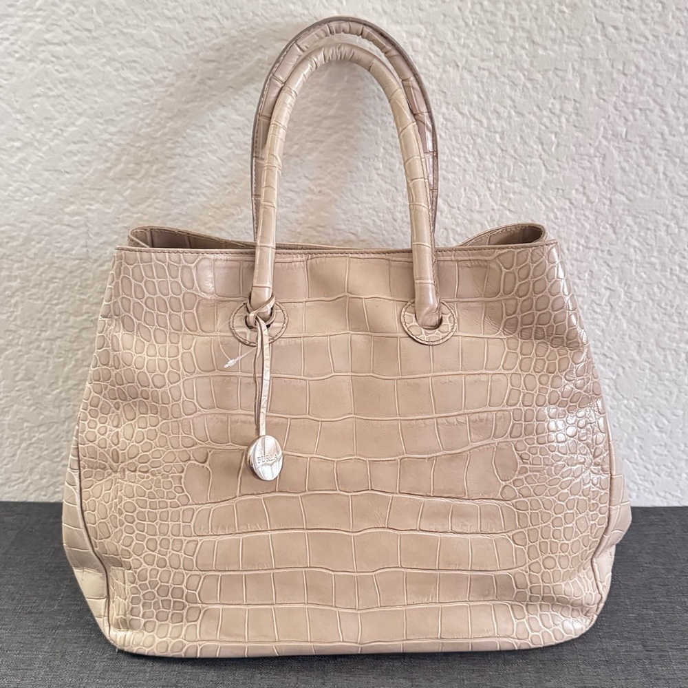 FURLA Crocodile Embossed Beige Tote Bag